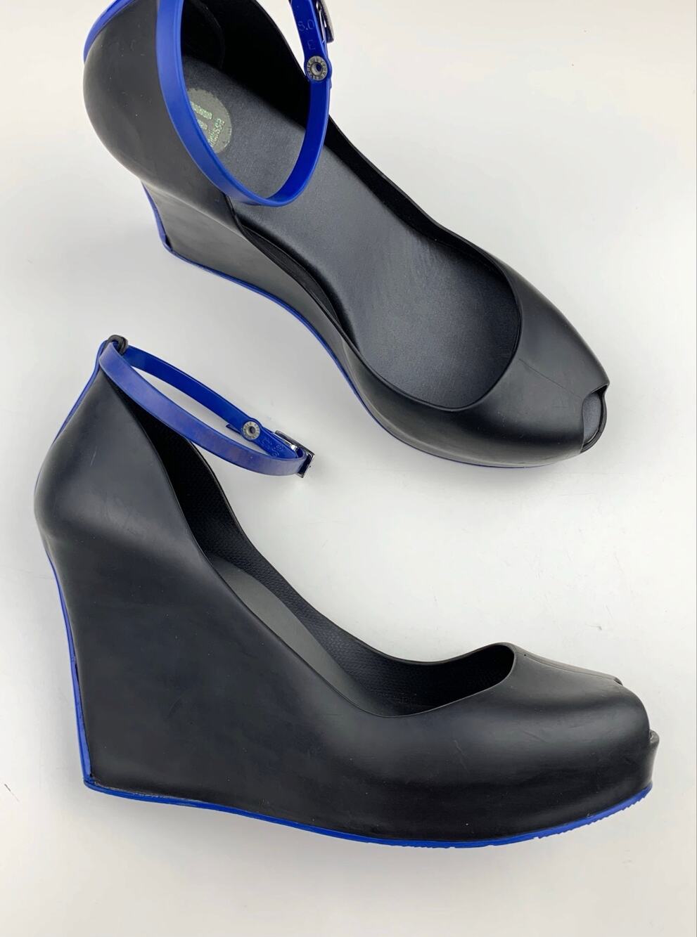 Melissa Patchuli Black Wedge Heel Jelly Shoes Peep Toe Ankle Strap Women's 9